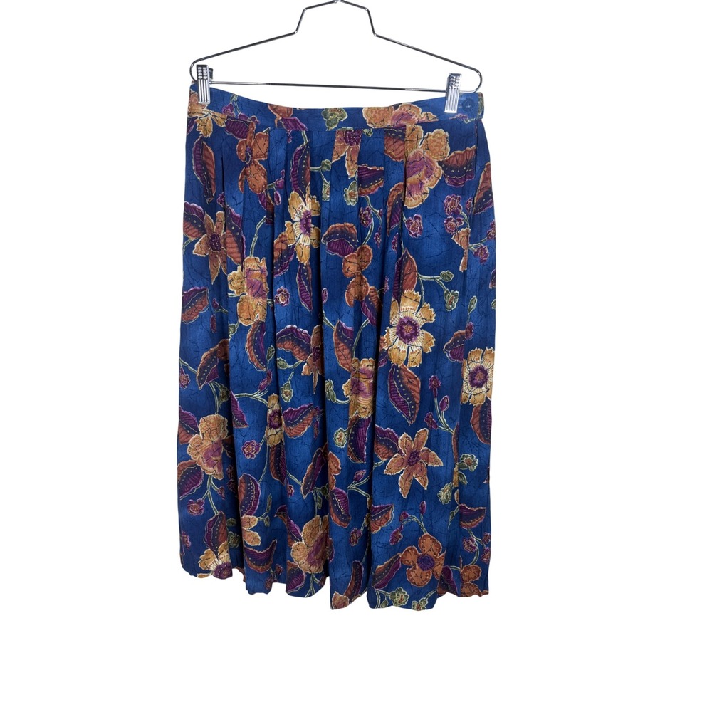 Alfred Dunner Vintage Blue Floral Batik Pleated Midi Skirt Made in USA Size 18